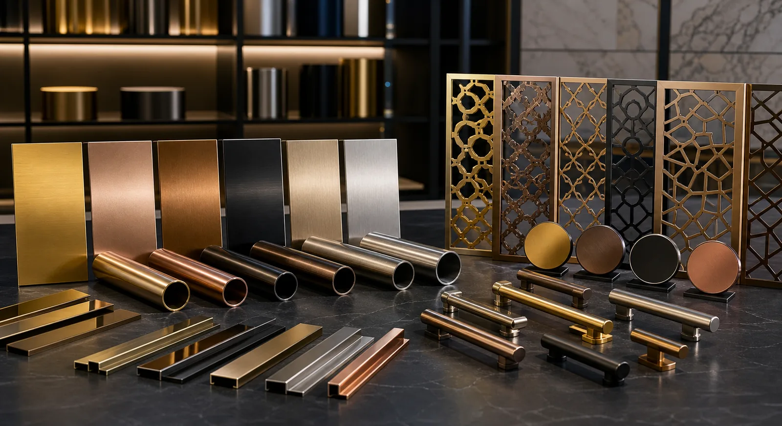 PVD and electroplating finish samples in gold bronze black and rose gold