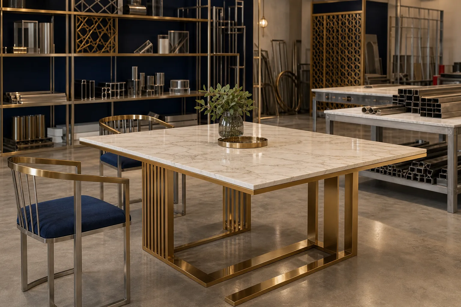 Custom gold metal furniture and marble table in a showroom workshop
