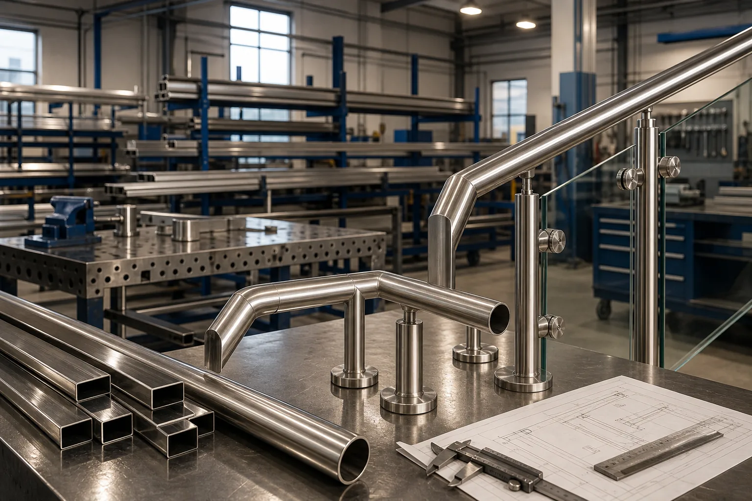 Stainless steel railing components in a fabrication workshop